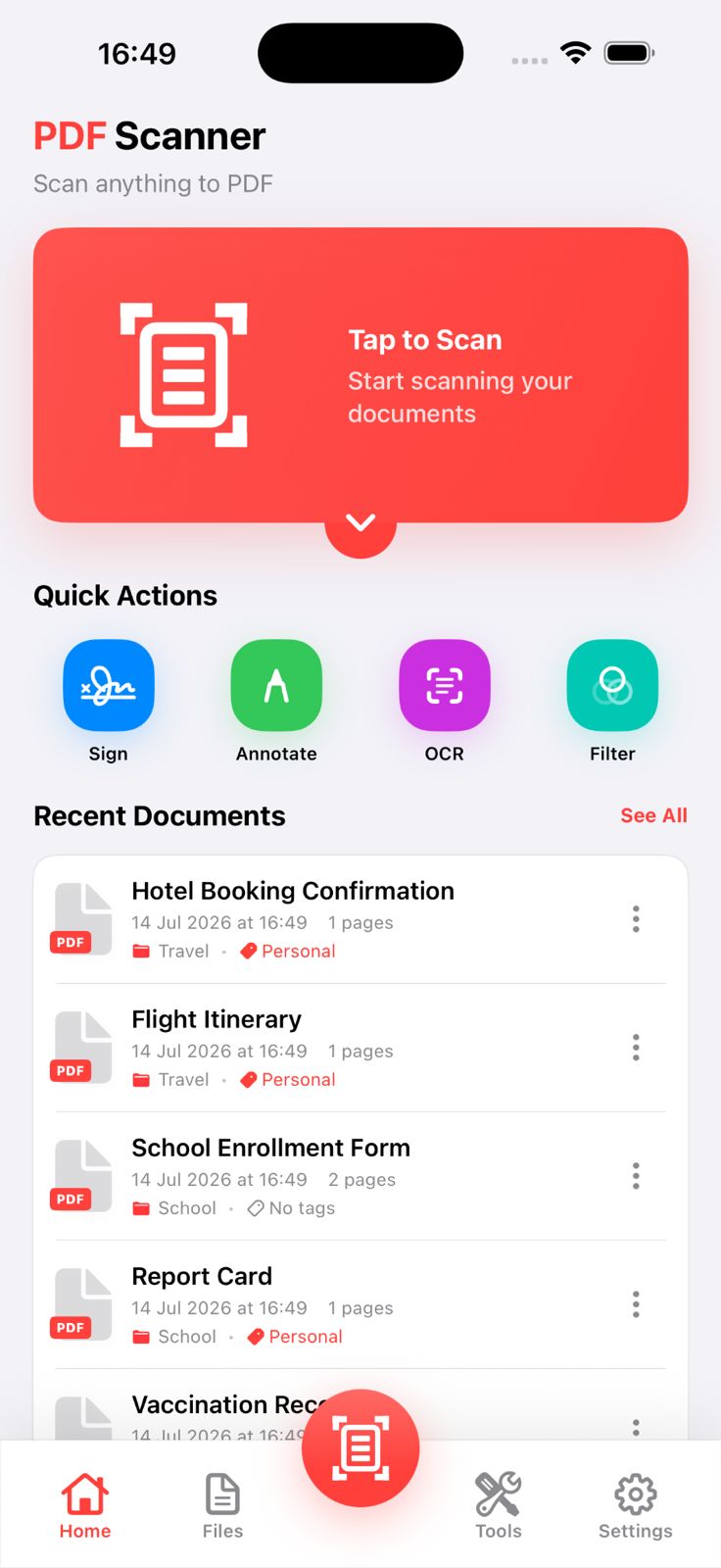 PDF Scanner home screen with a large Tap to Scan card, quick actions and a list of recent documents