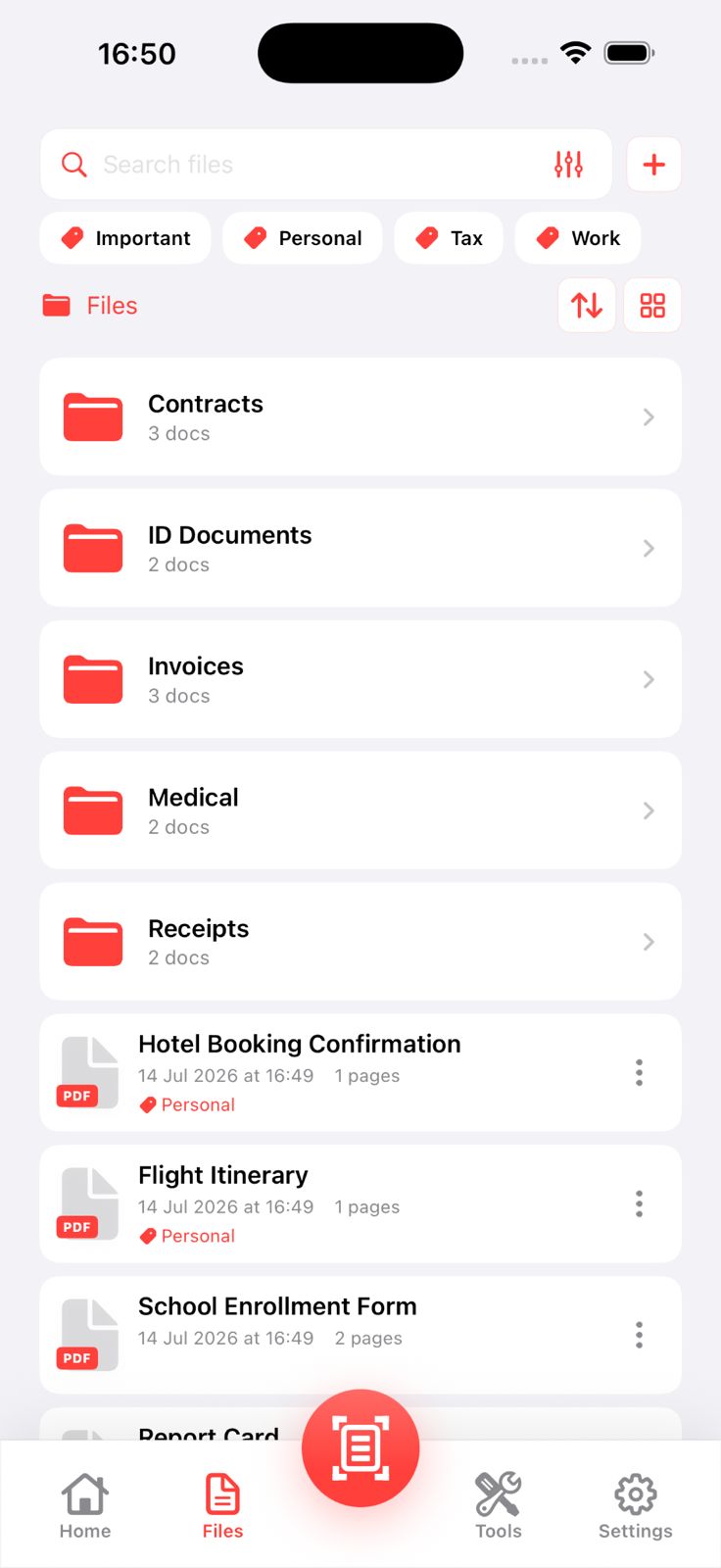 Files screen with a search bar, tag filters and folders for Contracts, ID Documents, Invoices, Medical and Receipts