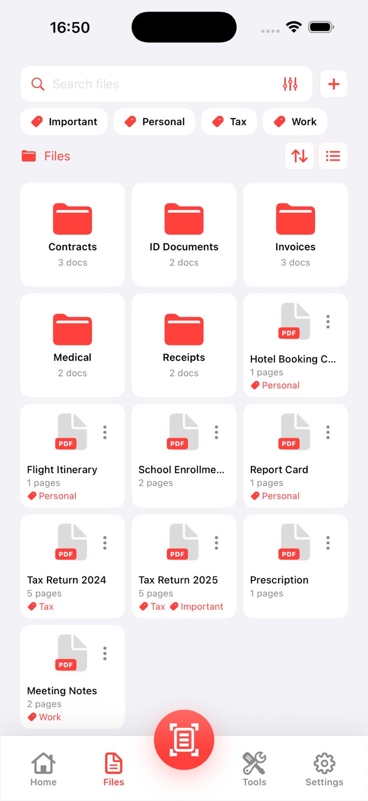 Files grid view showing folder tiles alongside PDF thumbnails with page counts and colour tags